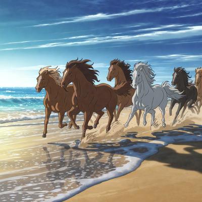 The primary subject of the image is a group of horses running along a beach. There are nine horses in total, with some of them running closer to the water's edge, while others are further back on the beach. The setting is a beach with a blue ocean in the background. The visual style of the image is a digital art or illustration, depicting the horses in motion. The colors and mood of the image are vibrant and energetic, with the horses' movement and the blue ocean creating a lively